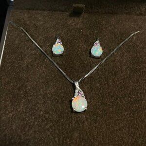 Opal and Tourmaline Sterling Silver Jewelry Set (Necklace, Earrings)